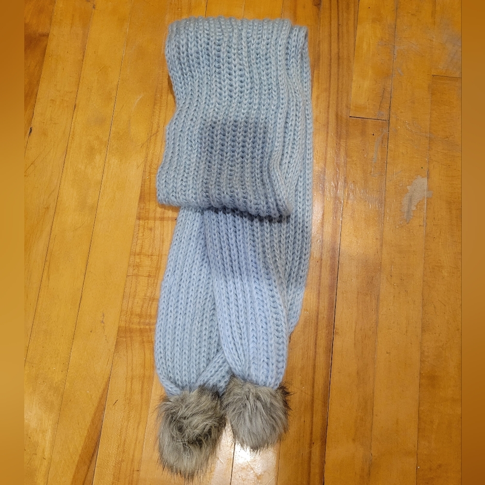 Shimmery blue scarf with faux fur puffs